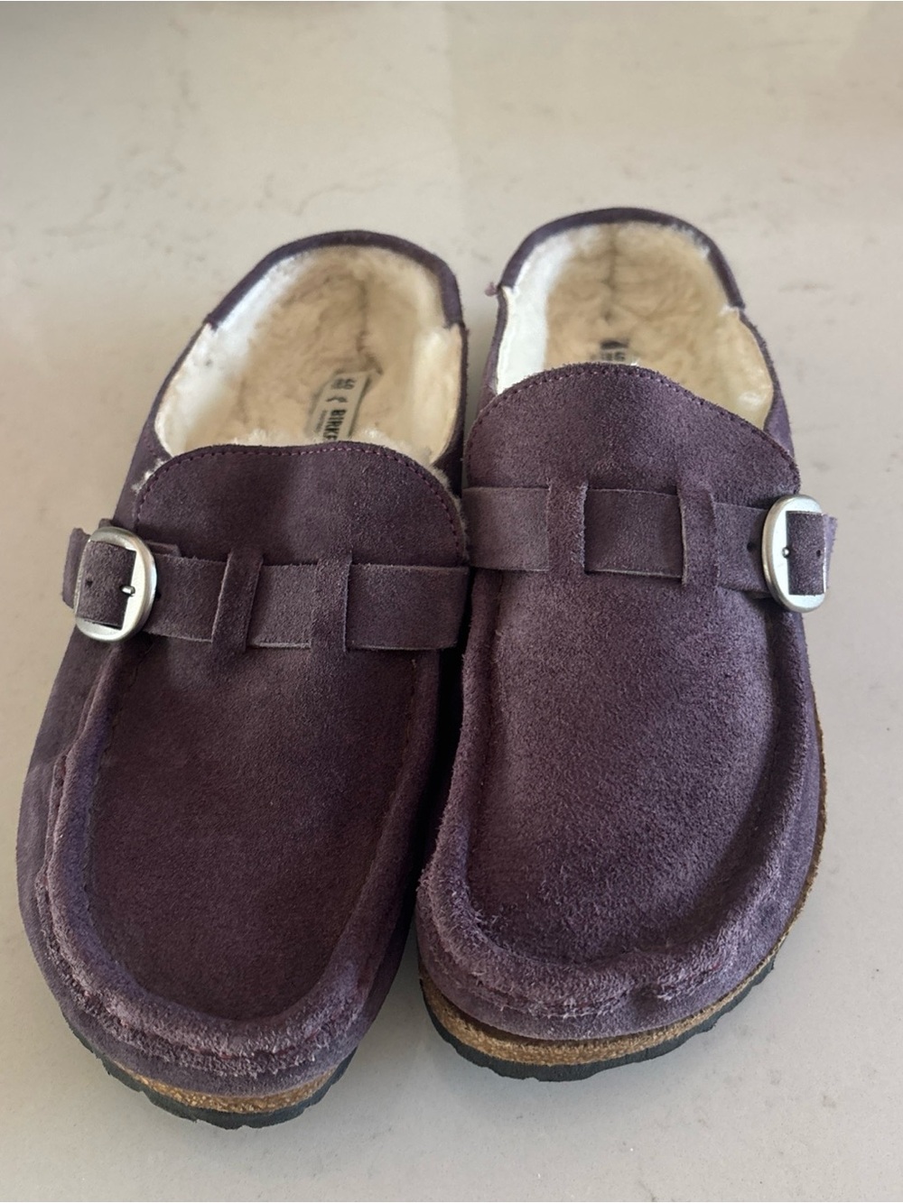 Birkenstock Kids Purple Suede Shearling Clogs with Buckle